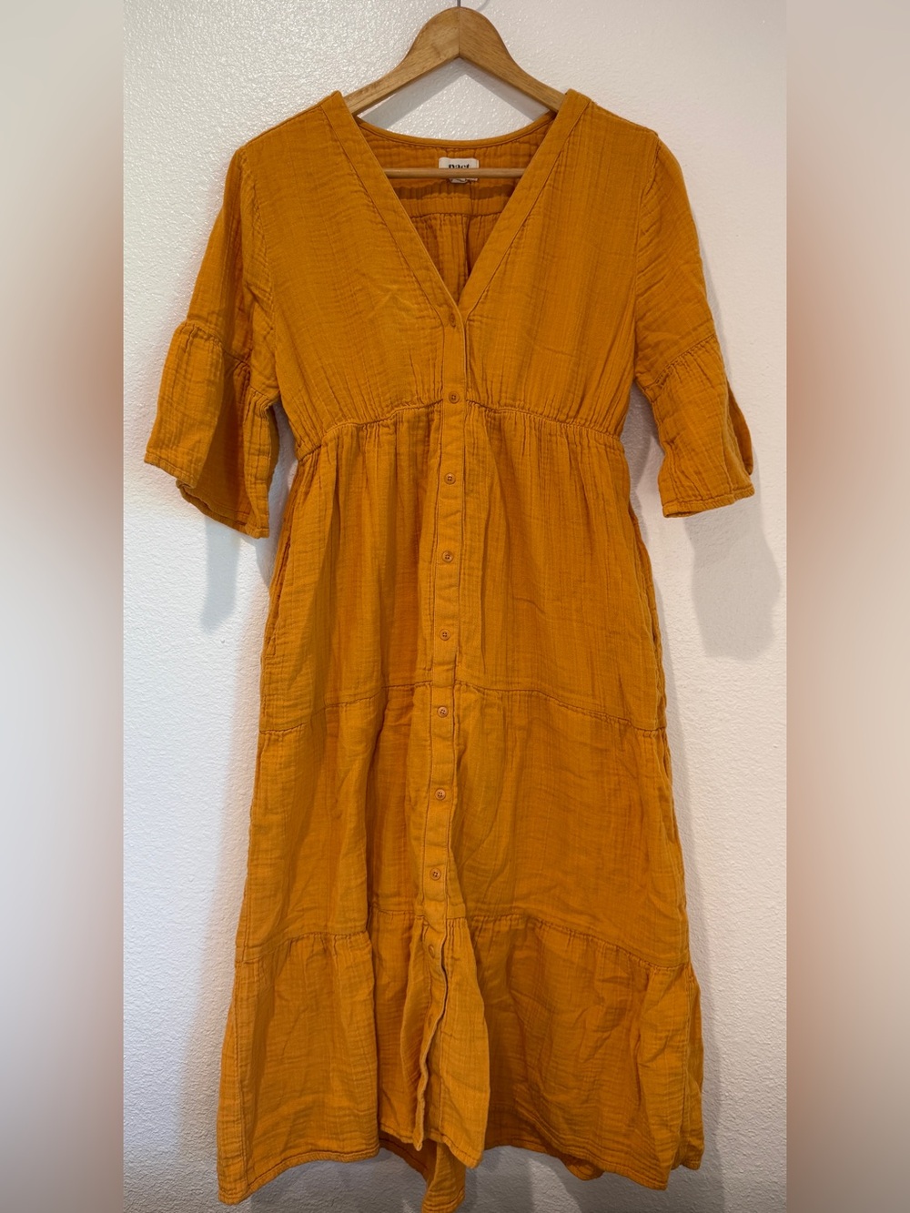 PACT Organic Gauze Tiered Midi Dress Mustard Yellow Flutter Sleeve Cottagecore S